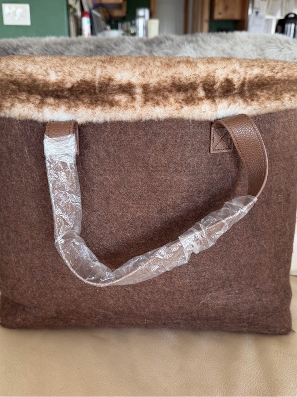 Brown Faux Fur Trim Felt Tote Bag - Women's Handbag